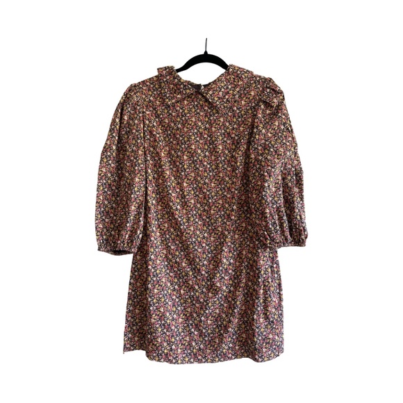 Free People - Floral - Brown - Collared - Preppy Mini Dress - Long Sleeve - 8 - Picture 1 of 5